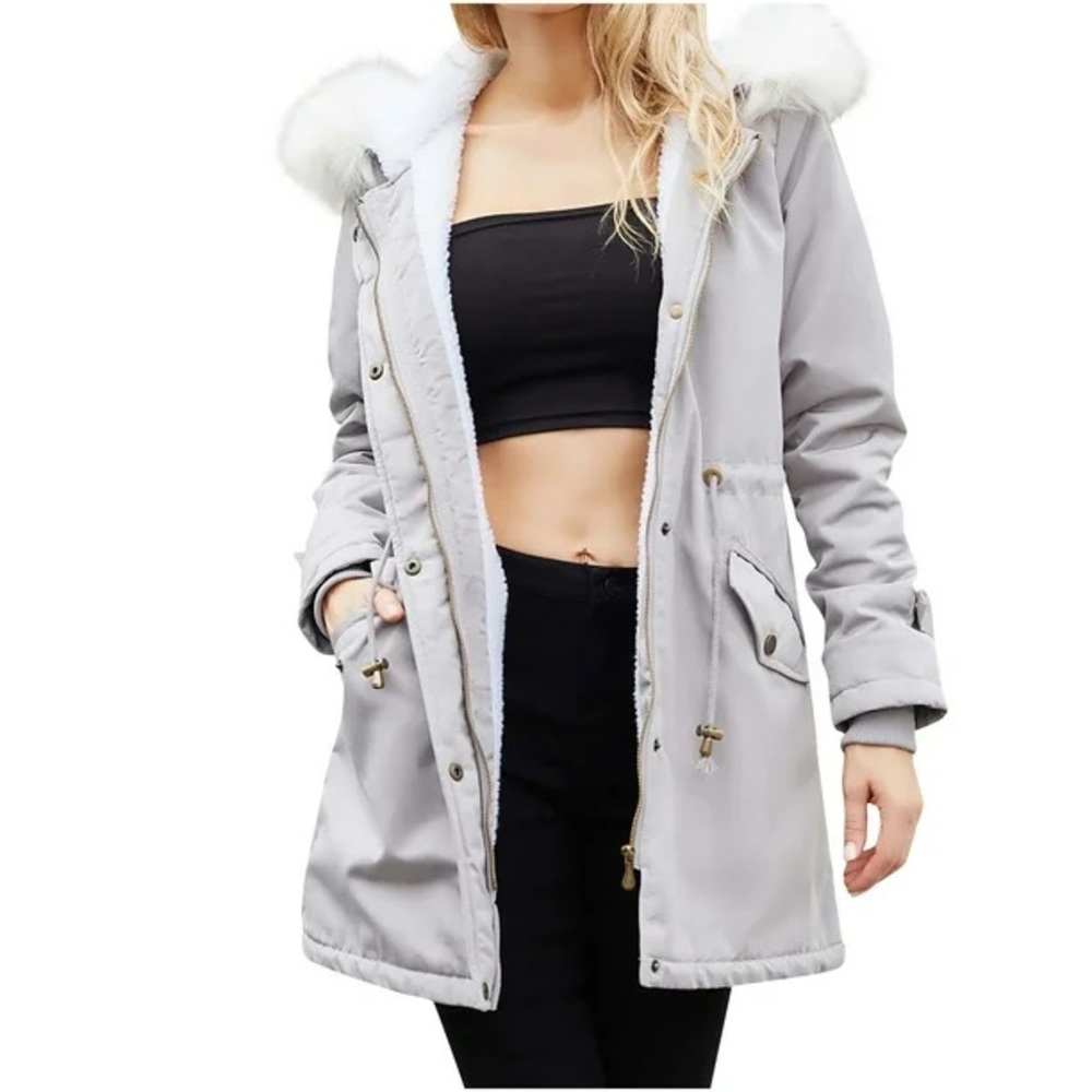 NWT Runway New York Women's Small Gray Hooded Jacket with Faux Fur Trim